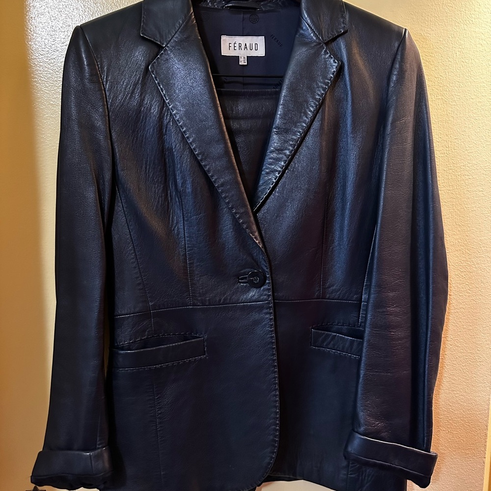 Féraud Paris Leather Suit | Black Blazer & Skirt Set | Vintage Luxury Tailoring